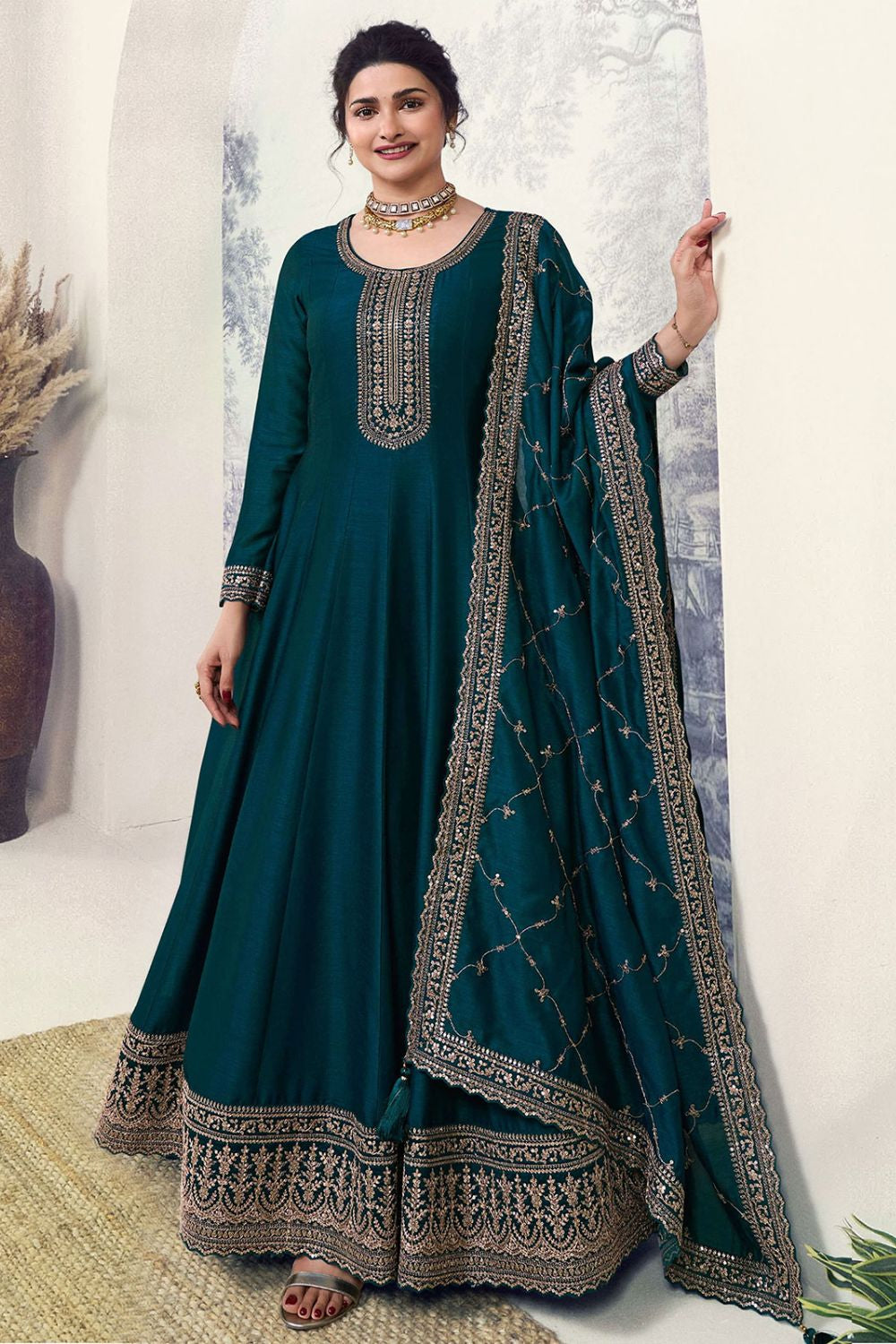 Bollywood Actress Teal Blue Colour Silk Georgette Anarkali Suit SFPRF205701