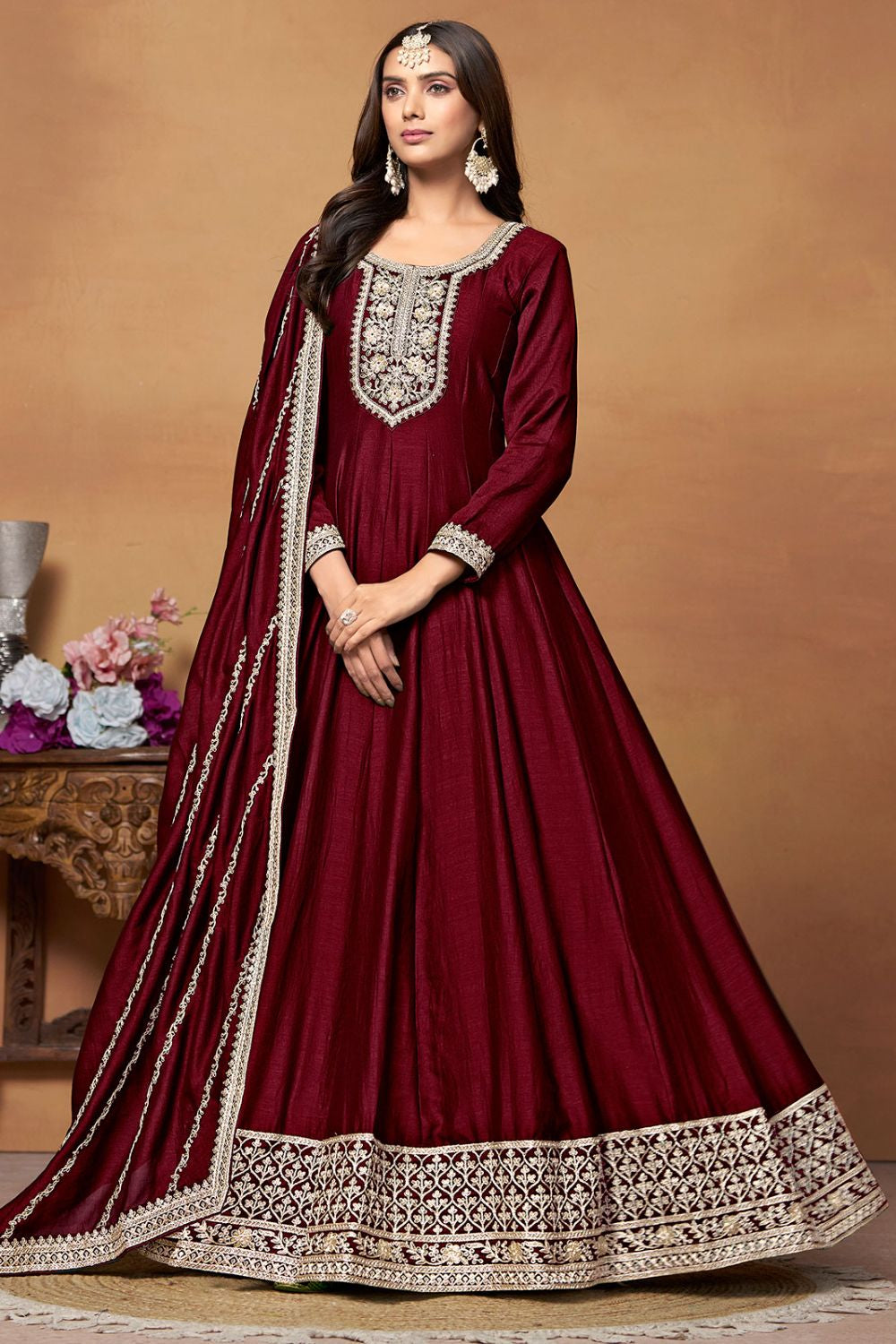 Designer Maroon Colour Art Silk Anarkali Suit SFDFS2900