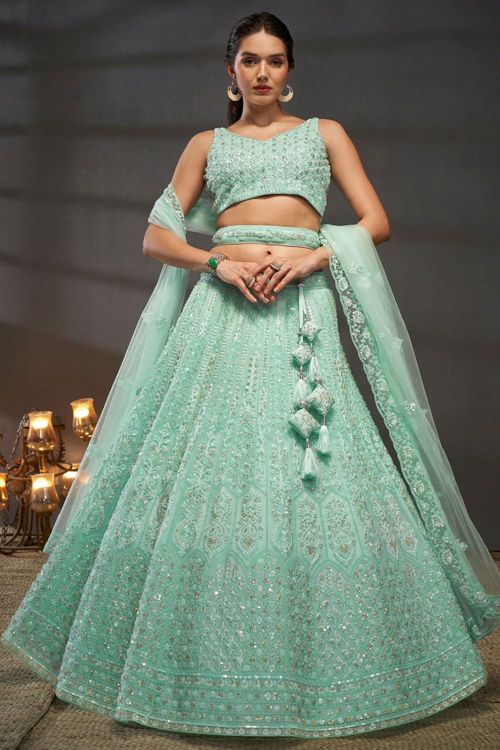 Designer Turquoise Colour Embroidered Net Lehenga Choli SFPRF213609