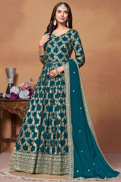 Gorgeous Dark Blue Colour Jacquard Anarkali Suit SFDFS29203