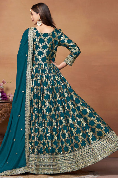 Gorgeous Dark Blue Colour Jacquard Anarkali Suit SFDFS29203