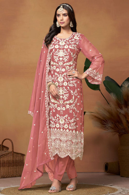 Plus Size Pink Colour Embroidered Organza Suit SFDFS28904
