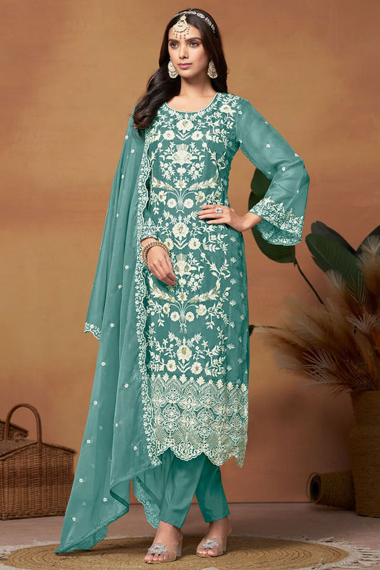 Plus Size Teal Colour Embroidered Organza Suit SFDFS28903