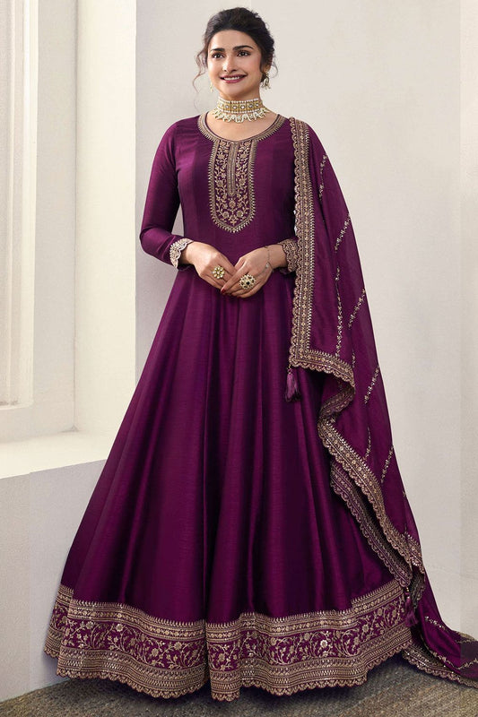 Prachi Desai Embroidered Wine Colour Anarkali Suit SFEDC10406