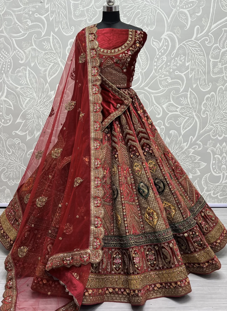 Buy Stylish Maroon Velvet Embroidered Work Bridal Lehenga Choli With Net  Dupatta at best price - Gitanjali Fashions