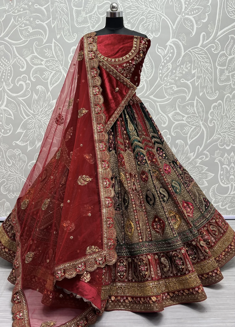 Traditional Red Bridal Long Trail Lehenga with Embroidery Peplum -