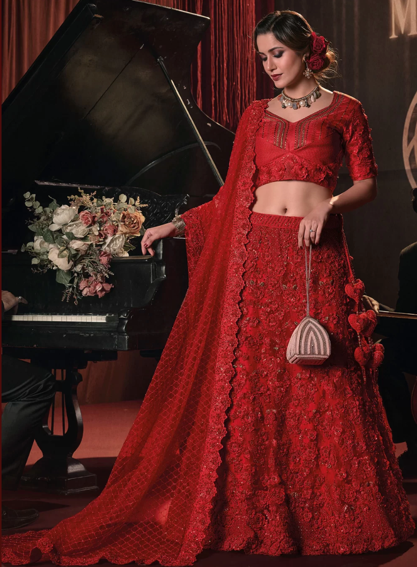Buy Red Lehenga And Blouse Dupion Dupatta Butterfly Net Bridal Set For  Women by Aariyana Couture Online at Aza Fashions.