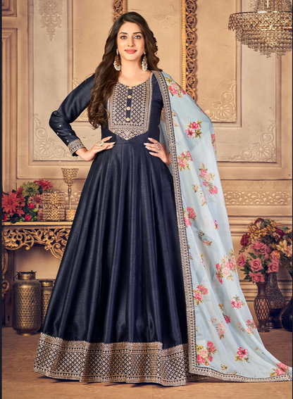 Buy Online Navy Blue Anarkali Suit In Silk SFSR233777