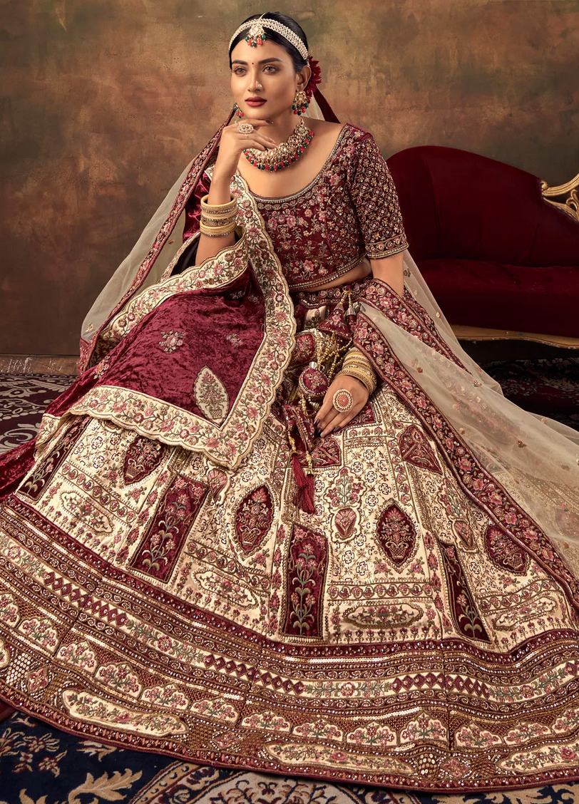 Maroon and Off White Embroidered Work Shimmer Georgette A Line Lehenga  Choli -