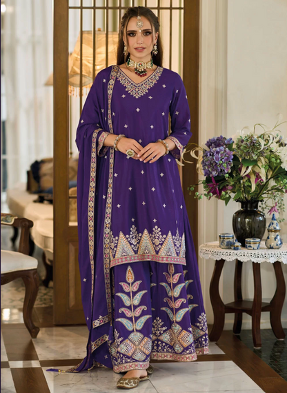 Purple Readymade Wedding Sangeet Palazzo Suit In Chinon SFSR278678