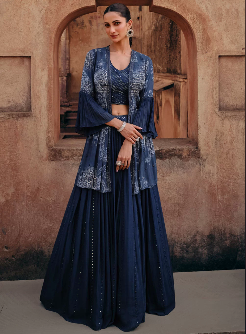 Navy Blue Georgette Sequins And Thread Embroidery Work Lehen