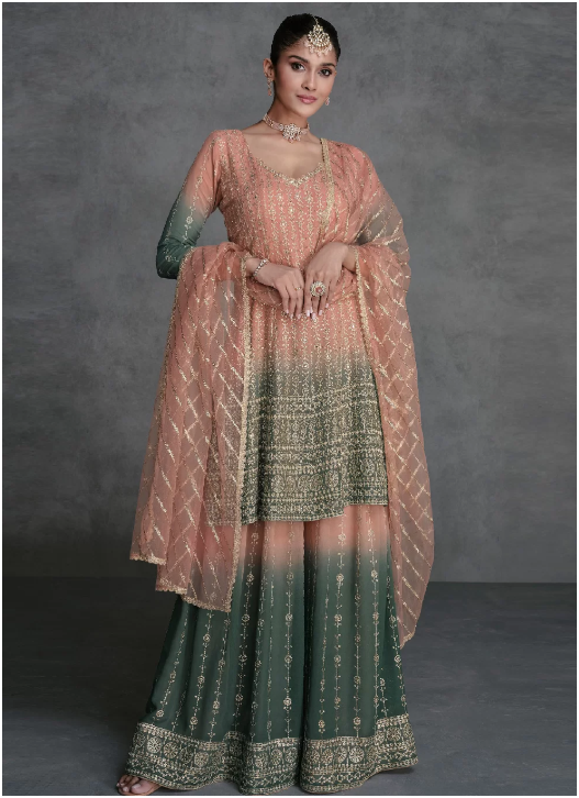 Readymade Georgette Green Peach Palazzo Salwar SFZ157051