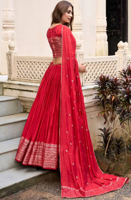 Red Chanderi Silk Evening Partywear Lehengas SFROY500503