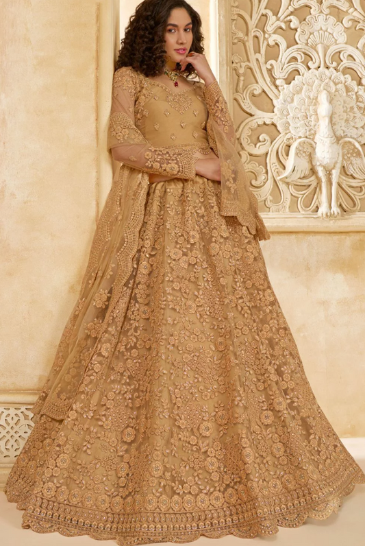 Beige Bridal Reception Embroidered Designer Bridal Lehenga SFSA441702E