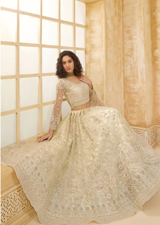 Off White Bridal Reception Embroidered Designer Bridal Lehenga SFSA441703D