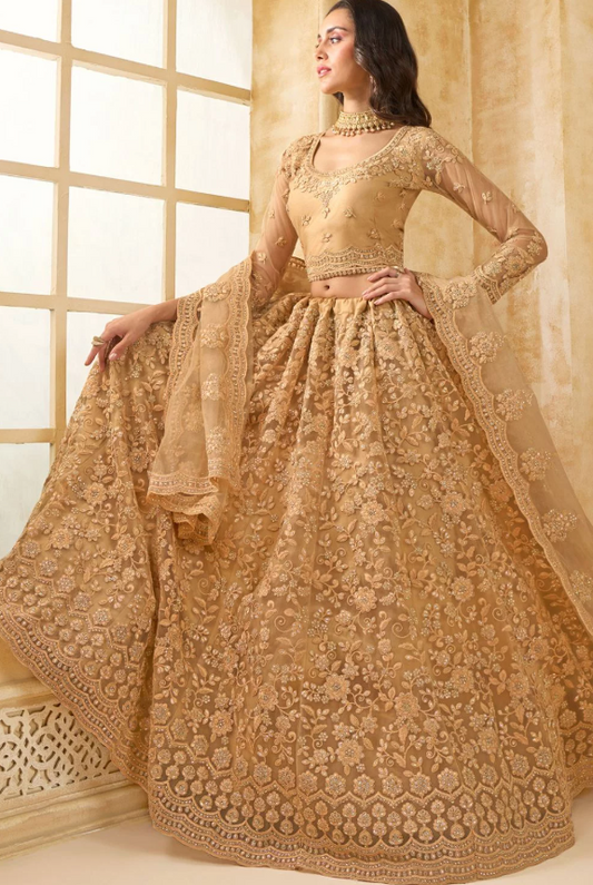 Beige Bridal Reception Embroidered Designer Bridal Lehenga SFSA441703E