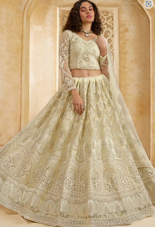 Off White Bridal Reception Embroidered Designer Bridal Lehenga SFSA463804D