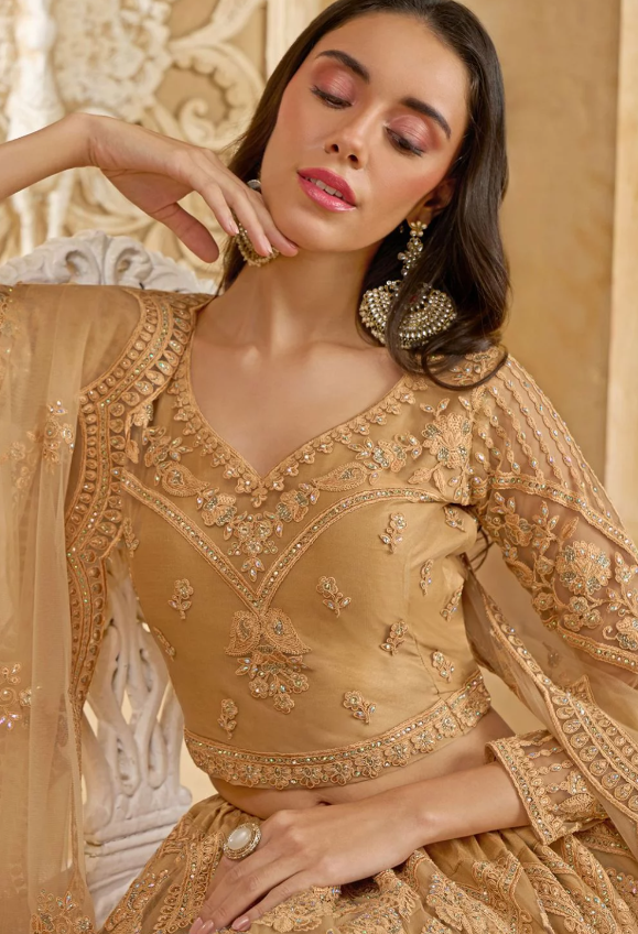 Beige Bridal Reception Embroidered Designer Bridal Lehenga SFSA463804E