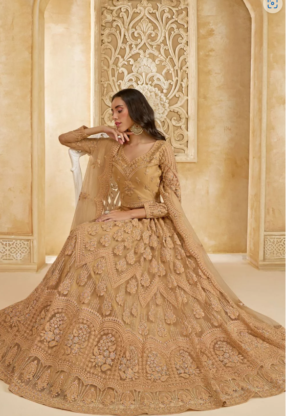 Beige Bridal Reception Embroidered Designer Bridal Lehenga SFSA463804E