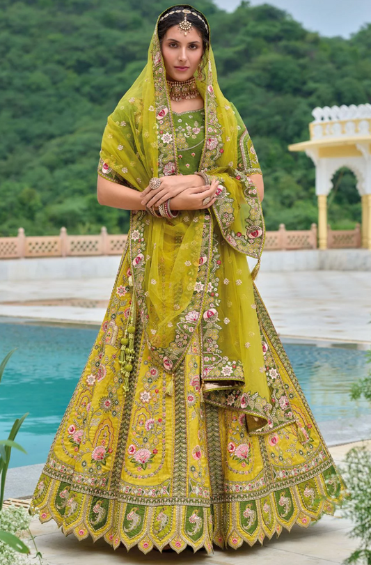 Yellow Green Silk Haldi Ceremony Bridal Lehenga Set SFSJDN22405