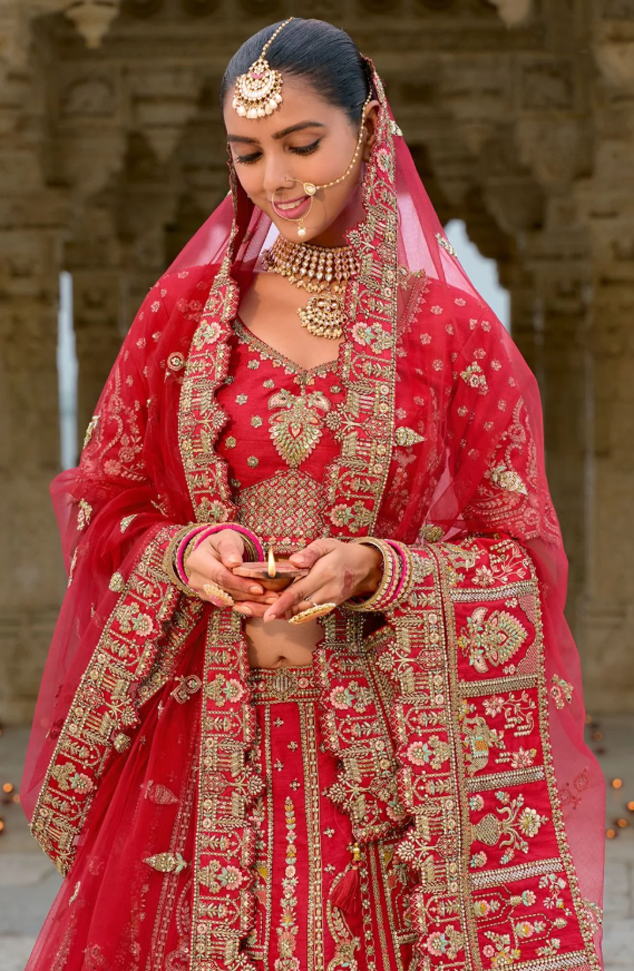 Red Bridal Hand Work Wedding Lehenga Set In Silk SFSMT39516