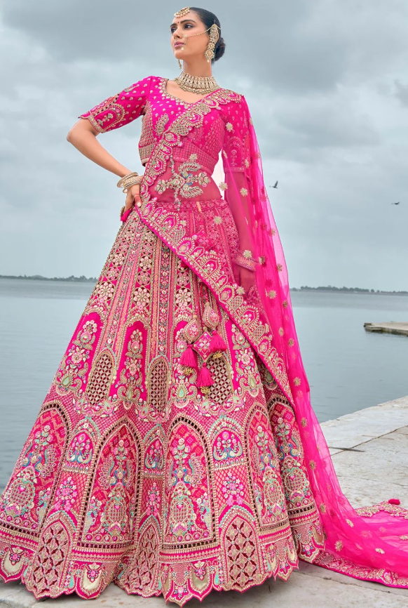 Pink Bridal Hand Work Wedding Lehenga Set In Silk SFSMT39514