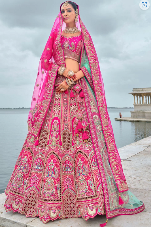 Pink Bridal Hand Work Wedding Lehenga Set In Silk SFSMT39514