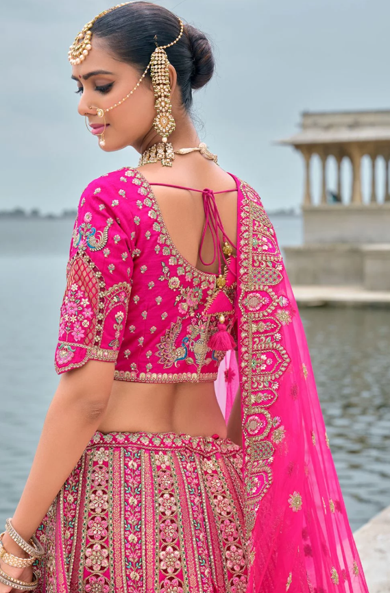 Pink Bridal Hand Work Wedding Lehenga Set In Silk SFSMT39514