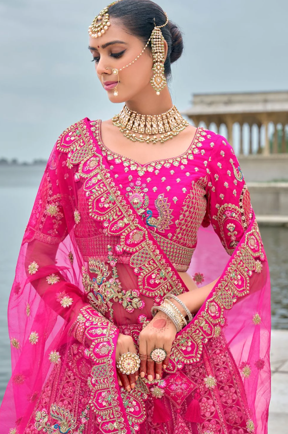 Pink Bridal Hand Work Wedding Lehenga Set In Silk SFSMT39514