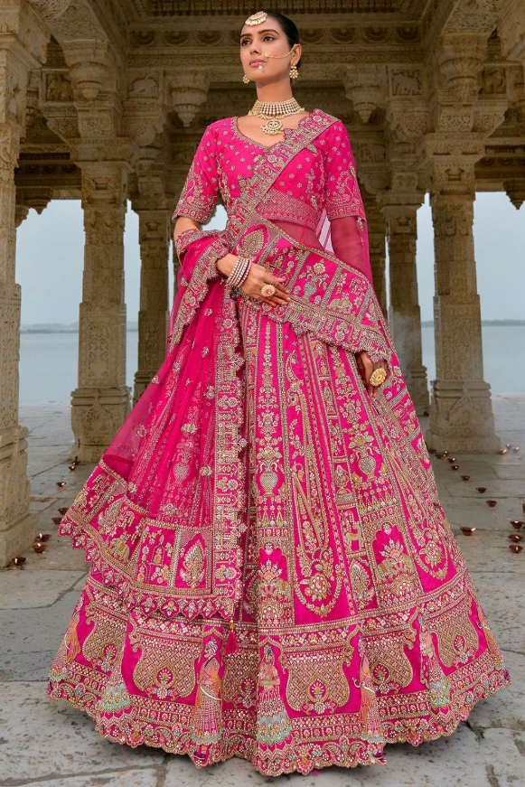 Hot Pink Bridal Hand Work Wedding Lehenga Set In Silk SFSMT39515