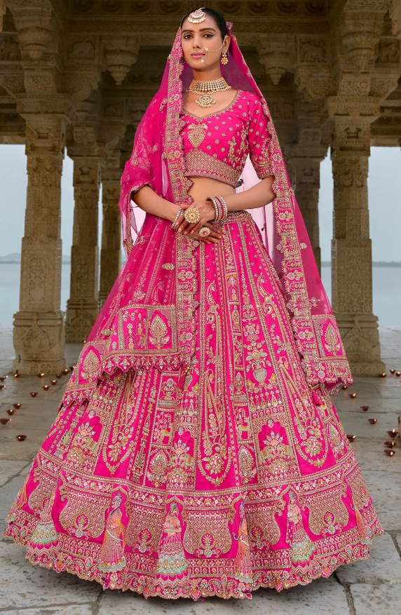 Hot Pink Bridal Hand Work Wedding Lehenga Set In Silk SFSMT39515