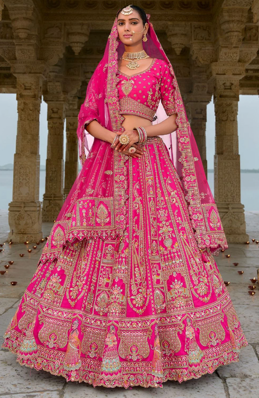 Hot Pink Bridal Hand Work Wedding Lehenga Set In Silk SFSMT39515