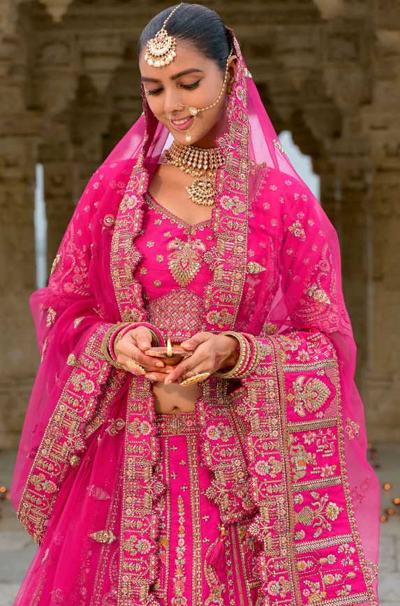 Hot Pink Bridal Hand Work Wedding Lehenga Set In Silk SFSMT39515