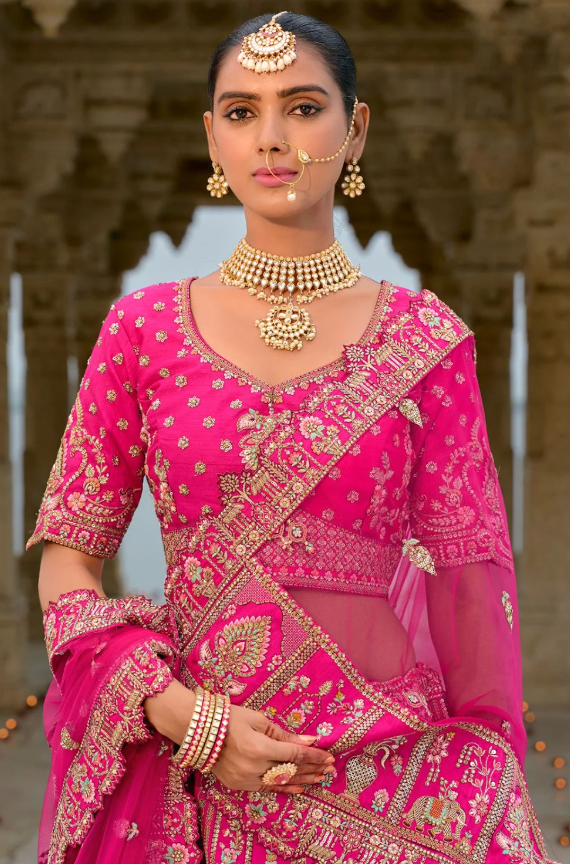 Hot Pink Bridal Hand Work Wedding Lehenga Set In Silk SFSMT39515