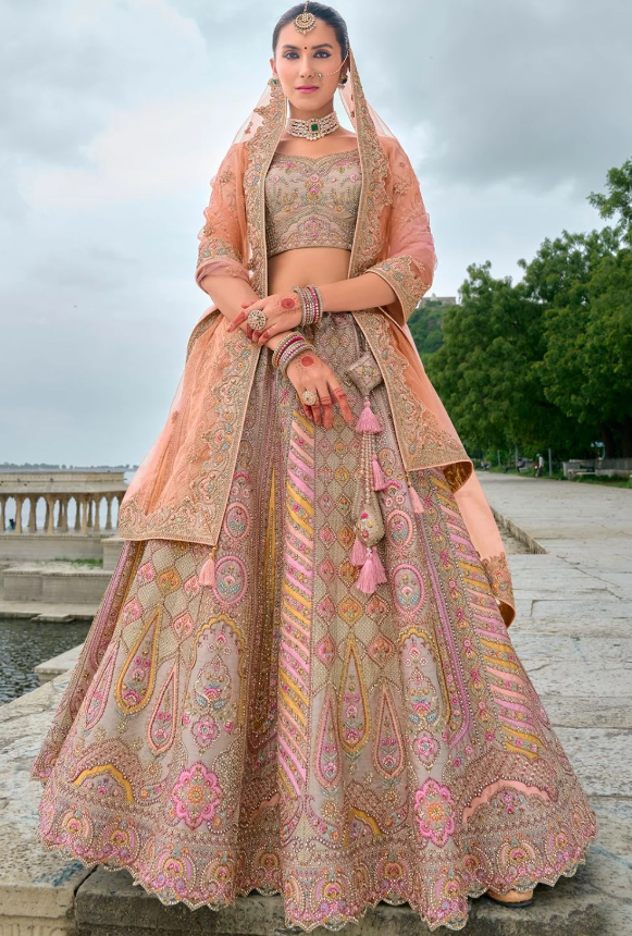 Ivory Bridal Hand Work Wedding Lehenga Set In Silk SFSMT39513