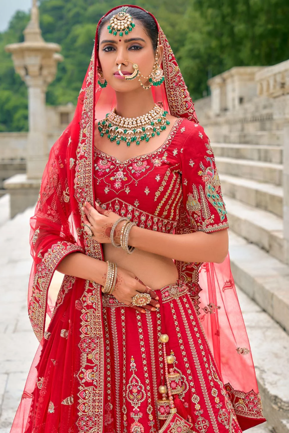 Red Bridal Hand Work Wedding Lehenga Set In Silk SFSMT39511