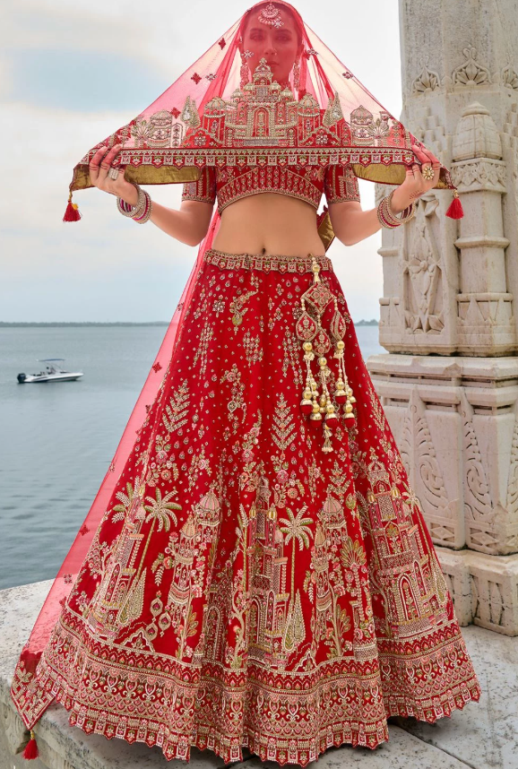 Crimson Red Bridal Hand Work Wedding Lehenga Set In Silk SFSMT39509