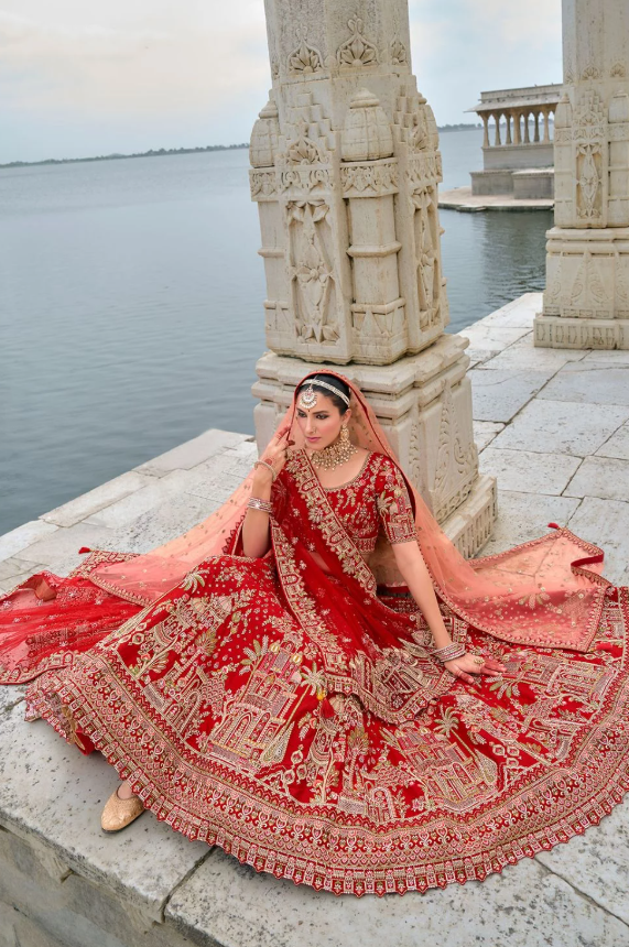 Crimson Red Bridal Hand Work Wedding Lehenga Set In Silk SFSMT39509