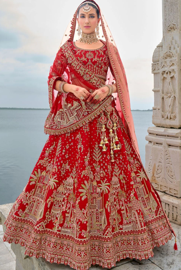 Crimson Red Bridal Hand Work Wedding Lehenga Set In Silk SFSMT39509