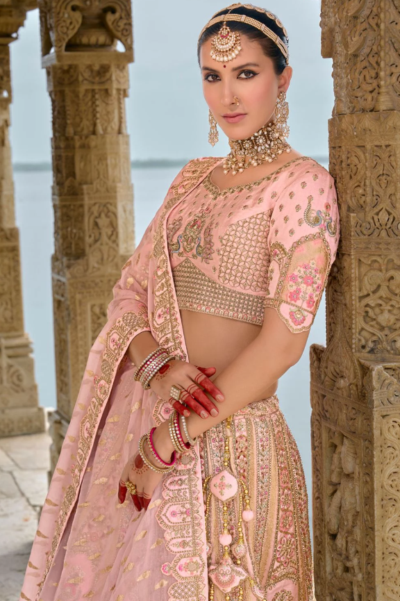 Adobe Pink Bridal Hand Work Wedding Lehenga Set In Silk SFSMT39505