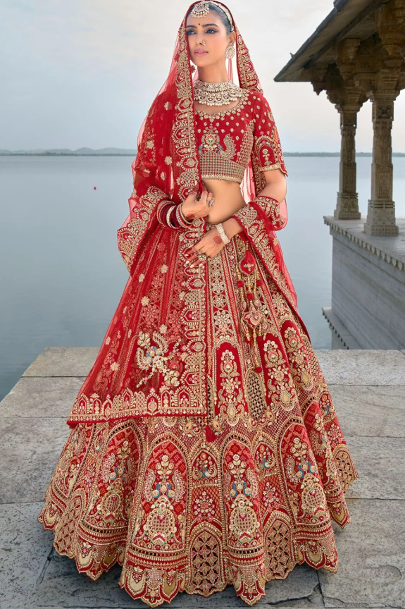 Hot Red Bridal Hand Work Wedding Lehenga Set In Silk SSMT39504