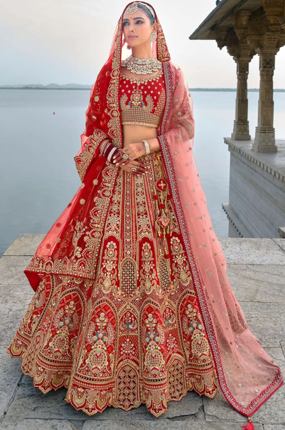 Hot Red Bridal Hand Work Wedding Lehenga Set In Silk SSMT39504