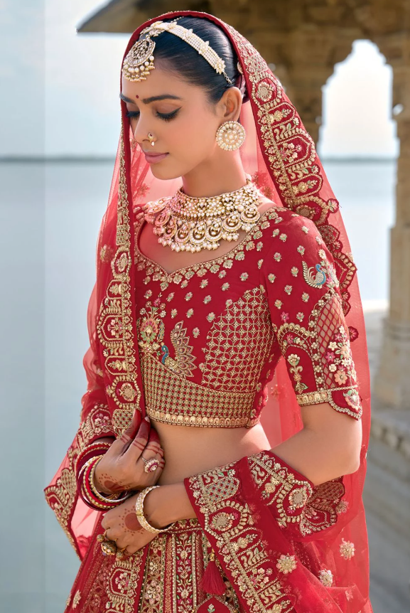 Hot Red Bridal Hand Work Wedding Lehenga Set In Silk SSMT39504