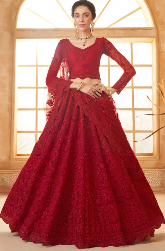 Barn Red Bridal Hand Work Wedding Lehenga Set In Net SSSA441702C