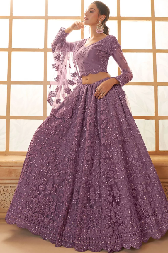 Purple Bridal Hand Work Wedding Lehenga Set In Net SSSA441702B