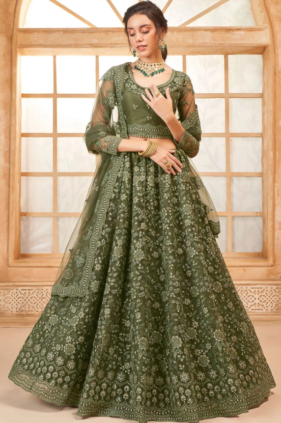 Green Sangeet Bridal Wedding Lehenga Set In Net SSSA441703A