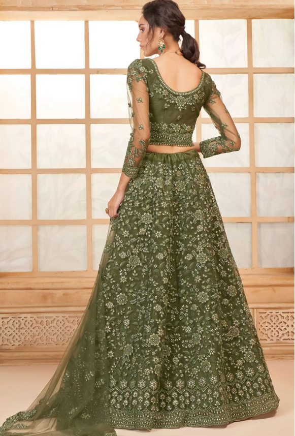 Green Sangeet Bridal Wedding Lehenga Set In Net SSSA441703A