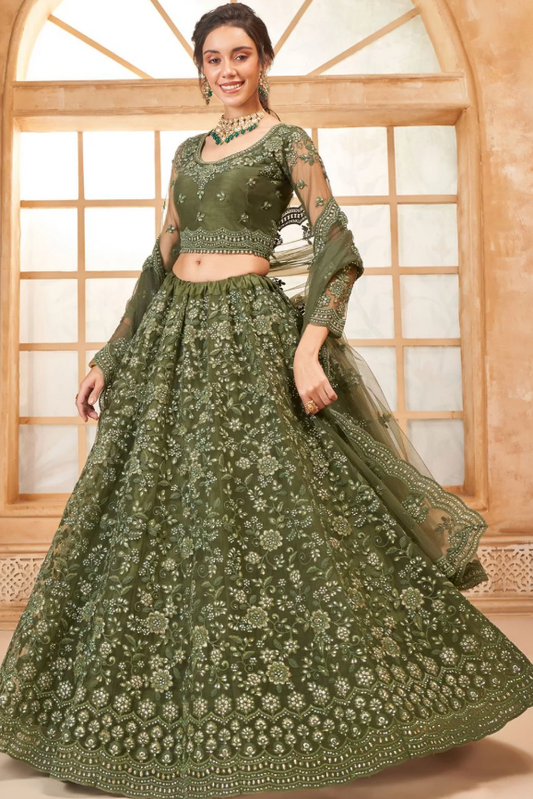 Green Sangeet Bridal Wedding Lehenga Set In Net SSSA441703A