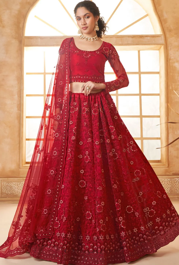 Red Bridal Wedding Lehenga Set In Net SSSA441703C