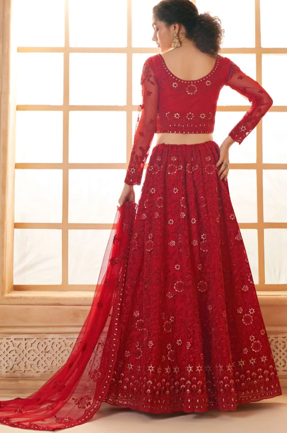 Red Bridal Wedding Lehenga Set In Net SSSA441703C